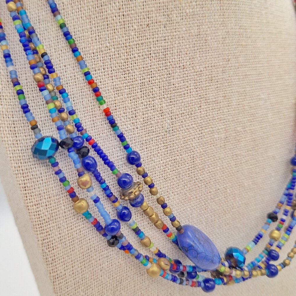 Multi Strand Blue Seed Bead Multicolor Necklace - Picture 4 of 11